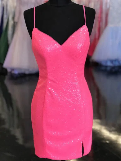 Sheath/Column V-neck Sequined Short/Mini Short Prom Dresses With Split Front #Favs020020109825