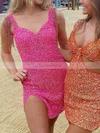 Sheath/Column V-neck Sequined Short/Mini Short Prom Dresses With Split Front #Favs020020111404