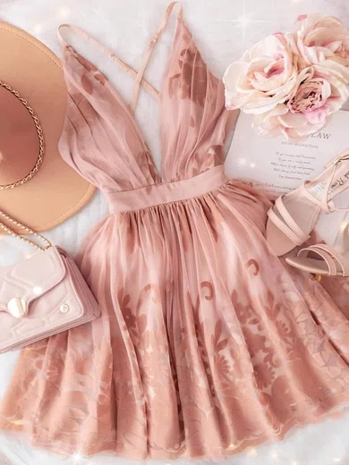 A-line V-neck Lace Tulle Short/Mini Short Prom Dresses With Appliques Lace #Favs020020110583