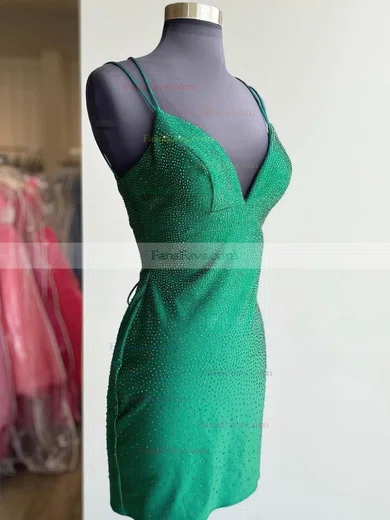 Sheath/Column V-neck Silk-like Satin Short/Mini Beading Short Prom Dresses #Favs020020108884