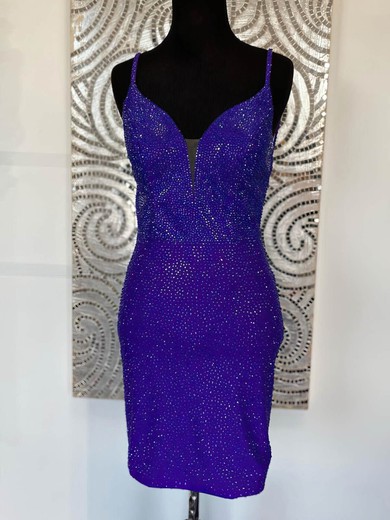 Sheath/Column V-neck Silk-like Satin Short/Mini Short Prom Dresses With Crystal Detailing #Favs020020109829