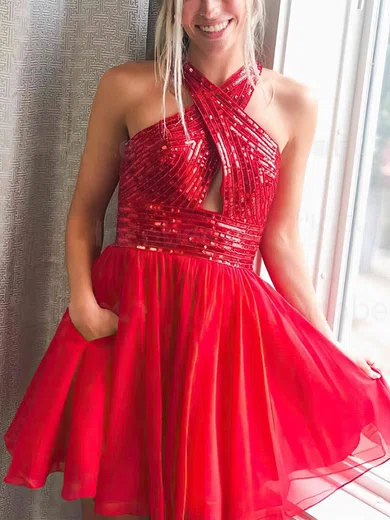 A-line V-neck Tulle Short/Mini Short Prom Dresses With Pockets #Favs020020111410