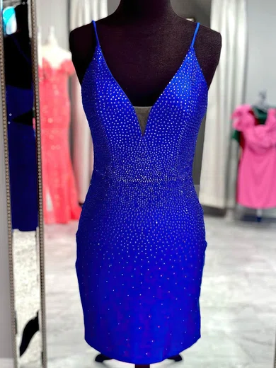 Sheath/Column V-neck Silk-like Satin Short/Mini Short Prom Dresses With Beading #Favs020020109838