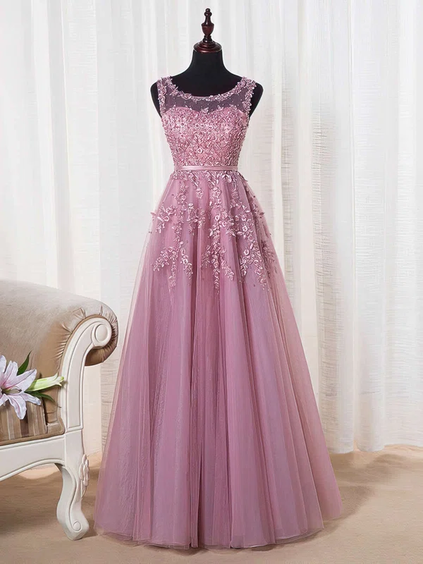 Princess Scoop Neck Tulle Floor-length Appliques Lace Prom Dresses #Favs020102804