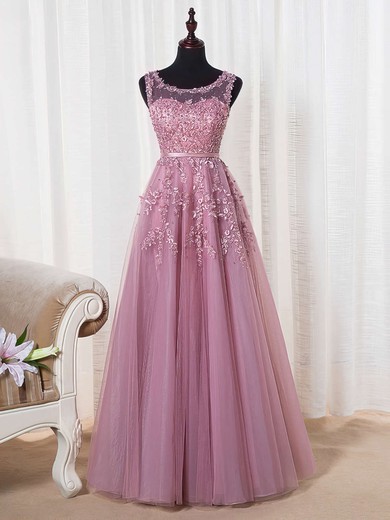 Princess Scoop Neck Tulle Floor-length Appliques Lace Prom Dresses #Favs020102804
