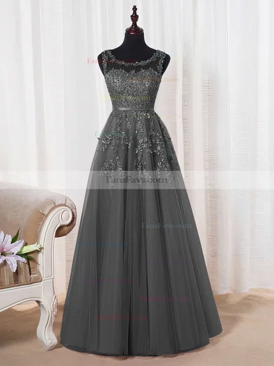 Princess Scoop Neck Tulle Floor-length Appliques Lace Prom Dresses #Favs020102804