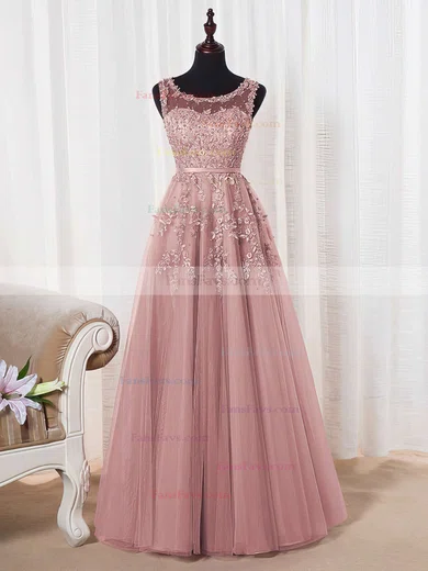 Princess Scoop Neck Tulle Floor-length Appliques Lace Prom Dresses #Favs020102804