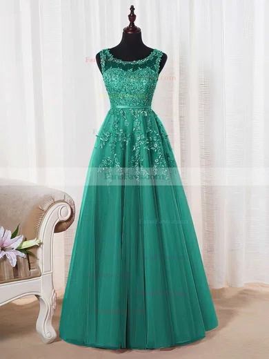 Princess Scoop Neck Tulle Floor-length Appliques Lace Prom Dresses #Favs020102804