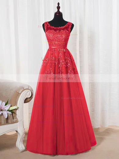 Princess Scoop Neck Tulle Floor-length Appliques Lace Prom Dresses #Favs020102804