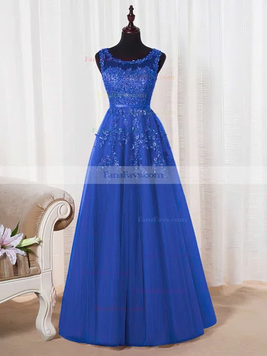 Princess Scoop Neck Tulle Floor-length Appliques Lace Prom Dresses #Favs020102804