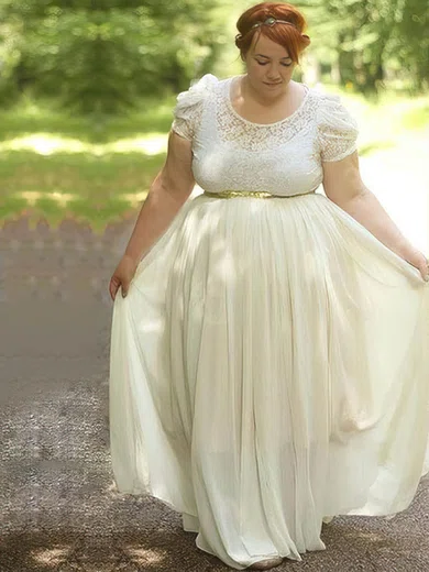 A-line Scoop Neck Chiffon Floor-length Lace prom dress #Favs020105979