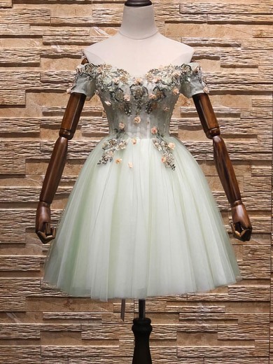 A-line Off-the-shoulder Lace Tulle Short/Mini Short Prom Dresses With Bow #Favs020020110595