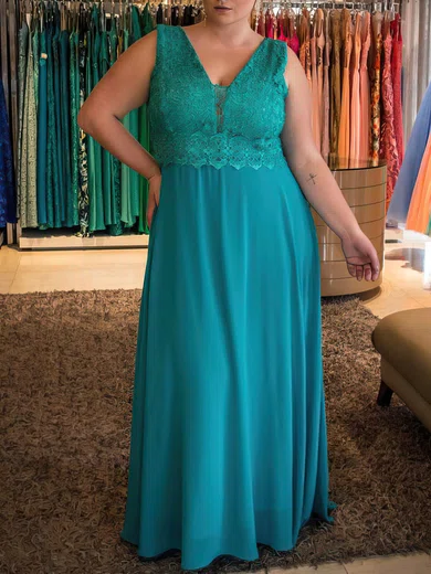 A-line V-neck Chiffon Floor-length Lace prom dress #Favs020105985