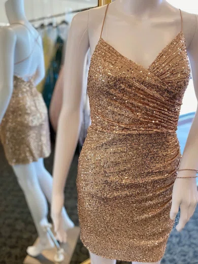 Sheath/Column V-neck Sequined Short/Mini Short Prom Dresses With Ruffles #Favs020020109844