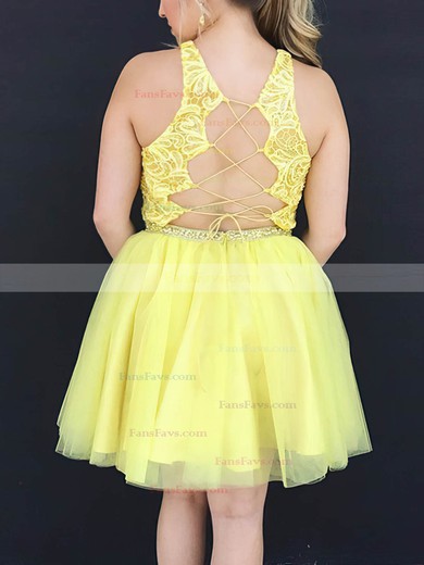 A-line Scoop Neck Tulle Short/Mini Short Prom Dresses With Appliques Lace #Favs020020111423