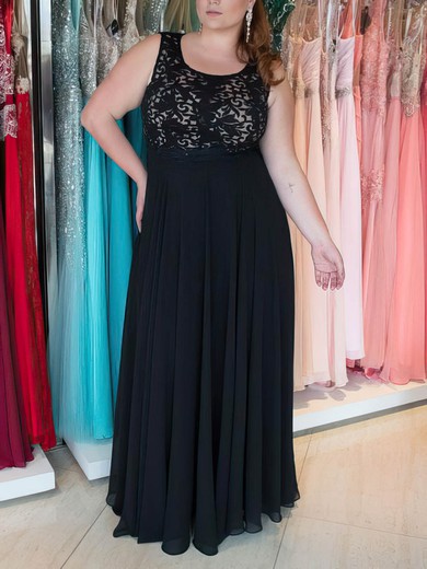 A-line Scoop Neck Chiffon Floor-length Lace prom dress #Favs020105986