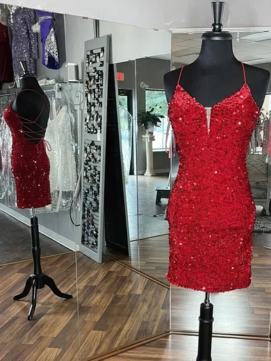 Sheath/Column V-neck Sequined Short/Mini Short Prom Dresses #Favs020020109848