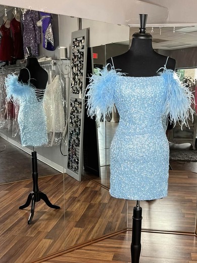 Sheath/Column Square Neckline Sequined Short/Mini Short Prom Dresses With Feathers / Fur #Favs020020109849