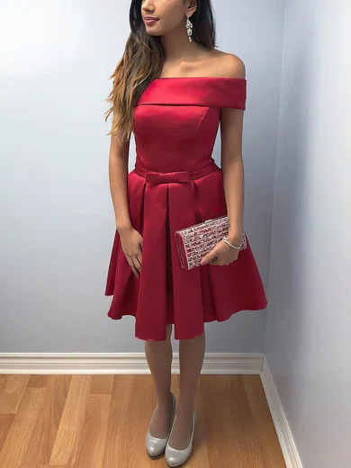 A-line Off-the-shoulder Satin Knee-length Short Prom Dresses With Bow #Favs020020111428