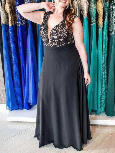 A-line V-neck Chiffon Floor-length Appliques Lace prom dress #Favs020105991