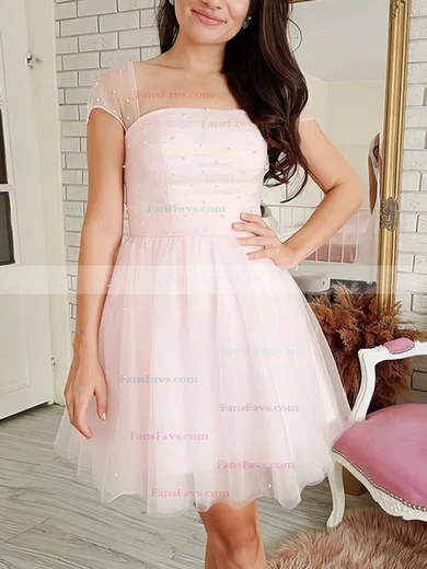 A-line Square Neckline Tulle Knee-length Short Prom Dresses With Pearl Detailing #Favs020020111434