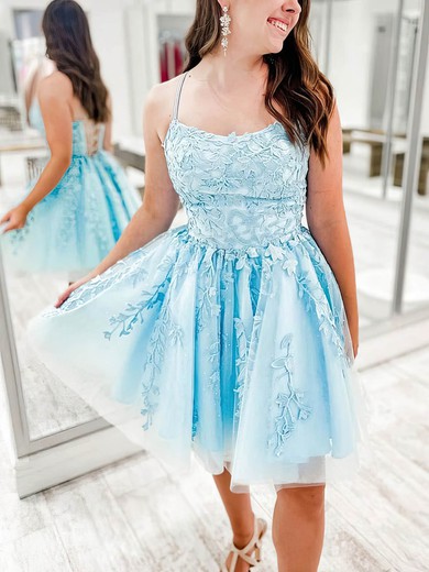 A-line Square Neckline Lace Tulle Short/Mini Appliques Lace Short Prom Dresses #Favs020020108927