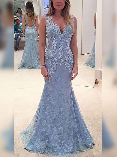 Trumpet/Mermaid V-neck Lace Sweep Train Appliques Lace Prom Dresses #Favs020102866