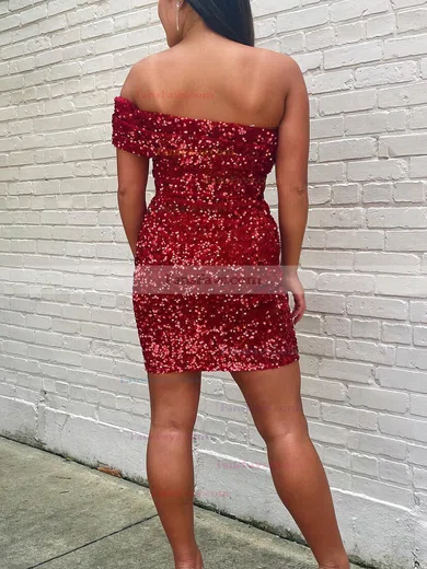 Sheath/Column Off-the-shoulder Sequined Short/Mini Short Prom Dresses With Ruffles #Favs020020109862
