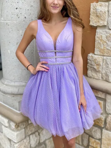 A-line V-neck Tulle Short/Mini Beading Short Prom Dresses #Favs020020108932