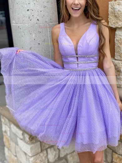 A-line V-neck Tulle Short/Mini Beading Short Prom Dresses #Favs020020108932