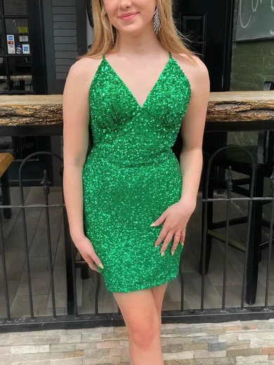 Sheath/Column V-neck Sequined Short/Mini Short Prom Dresses #Favs020020109863