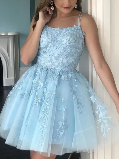 A-line Scoop Neck Lace Tulle Short/Mini Appliques Lace Short Prom Dresses #Favs020020108934