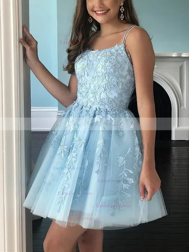 A-line Scoop Neck Lace Tulle Short/Mini Appliques Lace Short Prom Dresses #Favs020020108934