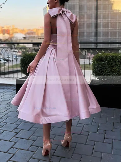 A-line Halter Satin Tea-length Short Prom Dresses With Bow #Favs020020111446