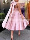 A-line Halter Satin Tea-length Short Prom Dresses With Bow #Favs020020111446