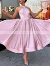 A-line Halter Satin Tea-length Short Prom Dresses With Bow #Favs020020111446
