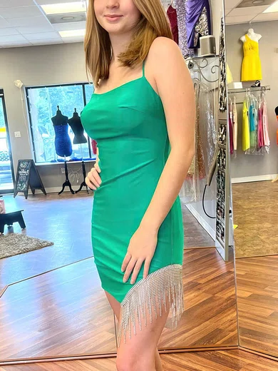 Sheath/Column Scoop Neck Silk-like Satin Short/Mini Short Prom Dresses With Beading #Favs020020109867