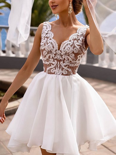 A-line V-neck Lace Chiffon Tulle Short/Mini Appliques Lace Short Prom Dresses #Favs020020108939