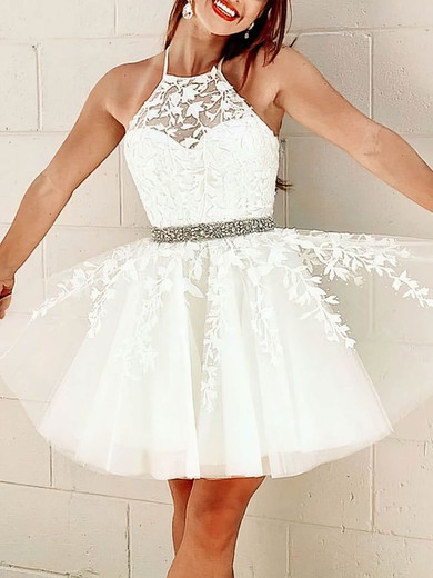 A-line Halter Lace Tulle Short/Mini Beading Short Prom Dresses #Favs020020108941