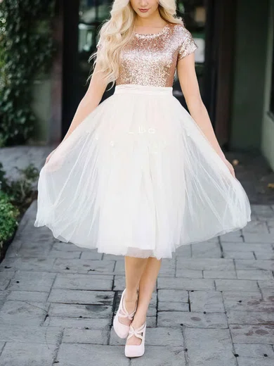 A-line Scoop Neck Tulle Sequined Tea-length Short Prom Dresses #Favs020020111454