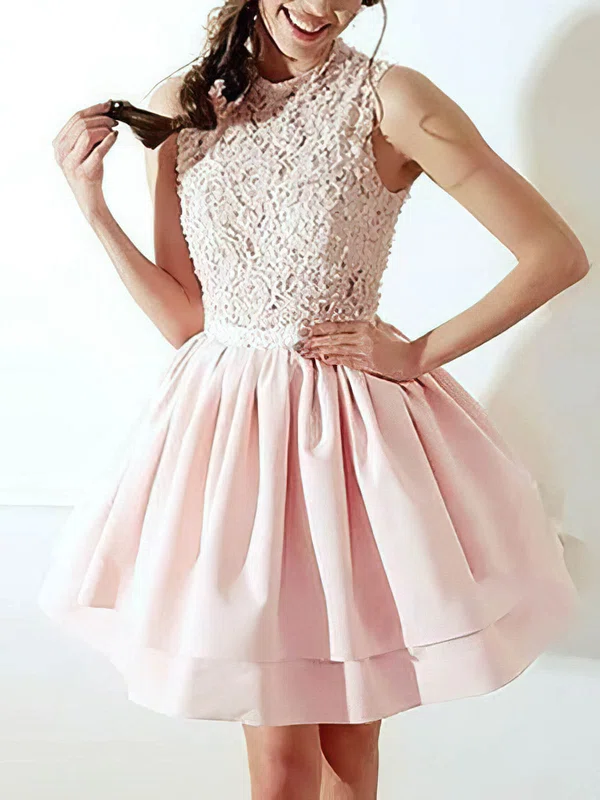 A-line Scoop Neck Stretch Crepe Short/Mini Short Prom Dresses With Appliques Lace #Favs020020111456