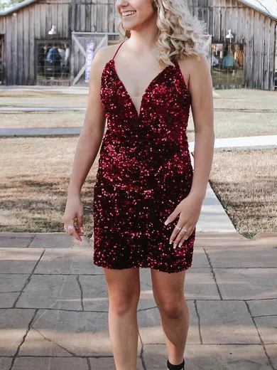 Sheath/Column V-neck Sequined Short/Mini Short Prom Dresses #Favs020020109874