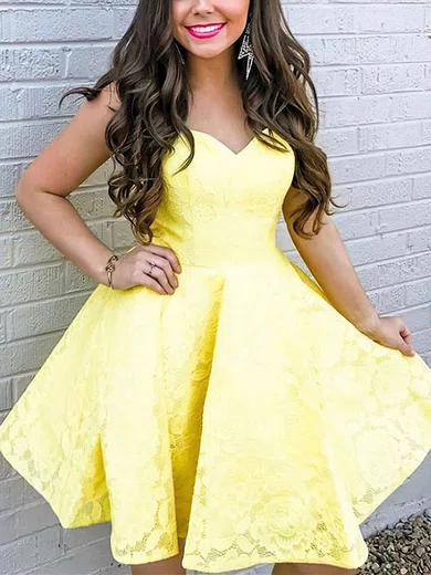 A-line V-neck Lace Knee-length Short Prom Dresses #Favs020020108951