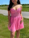 A-line Off-the-shoulder Tulle Short/Mini Short Prom Dresses With Lace #Favs020020109877
