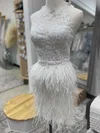 Sheath/Column Scoop Neck Tulle Short/Mini Short Prom Dresses With Feathers / Fur #Favs020020110637