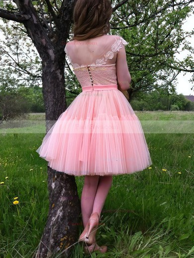 A-line Scoop Neck Tulle Knee-length Short Prom Dresses With Appliques Lace #Favs020020111465