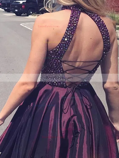 A-line High Neck Satin Short/Mini Short Prom Dresses With Pockets #Favs020020111466