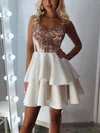 A-line V-neck Stretch Crepe Lace Short/Mini Cascading Ruffles Short Prom Dresses #Favs020020108957