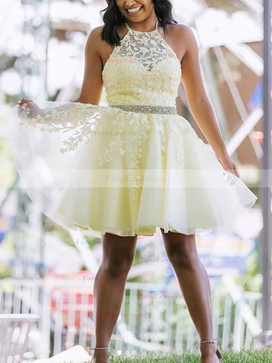 A-line Halter Lace Tulle Short/Mini Beading Short Prom Dresses #Favs020020108958