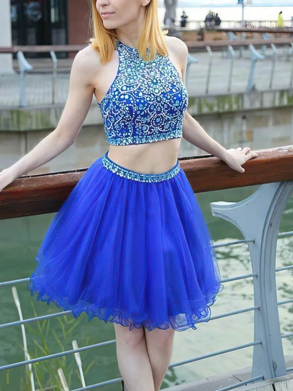 A-line Scoop Neck Tulle Short/Mini Short Prom Dresses With Beading #Favs020020111468